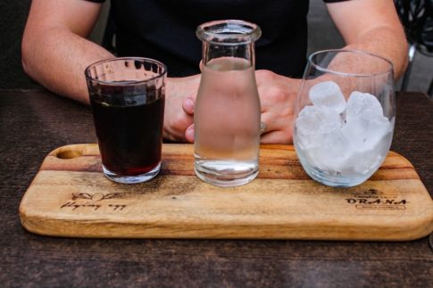 What is cold brew coffee, coffee with water and ice on a table
